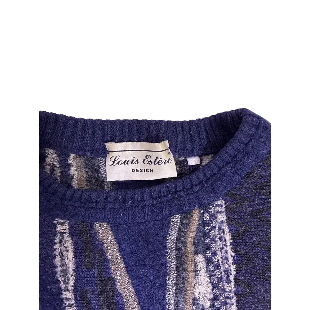 90s Coogi Style 3D Cable Knit Sweater Blue Grey Aztec Womens Medium Wool - Picture 3 of 5